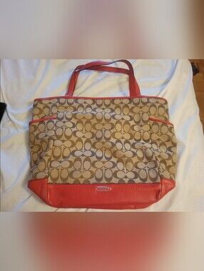Coach Beige Signature Canvas Tote with Coral Trim